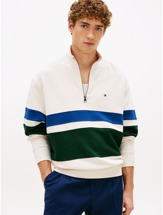 Tommy Hilfiger Mens Block Stripe Quarter-Zip Sweatshirt - Ivory Petal - XXL