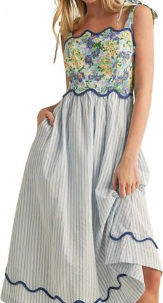 Merci Womens Scalloped Mixed Print Midi Dress In Blue