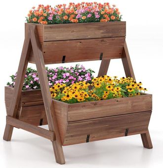 Costway Costway - Cantero Vertical Elevada, Soporte Para Macetero Con 3 Cajas De Madera Y Agujeros De Drenaje, Macetero Elevado Independiente Para Patio, Jard