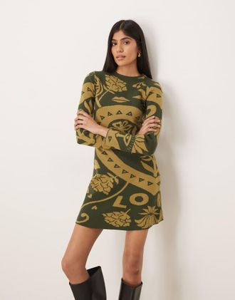 Never Fully Dressed Vestito maglia corto kaki con stampa in coordinato-Verde