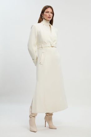 Karen Millen Wool Notch Neck Belted Maxi Coat in Ivory at Nordstrom, Size 12