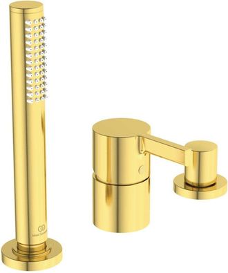Ideal Mezclador De Ba&ntilde;era Con 3 Orificios De Sobremesa Joy Sin Ca&ntilde;o Oro Cepillado Con Ducha De Mano De Bast&oacute;n Y Desviador Ideal Standard