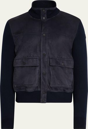 Moncler Mens Wool and Suede Snap-Front Cardigan