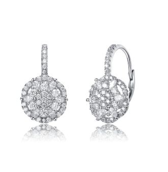 Rachel Glauber White Gold Plated with Clear Cubic Zirconia Flower Cluster Halo Dangle Earrings with Leverbacks