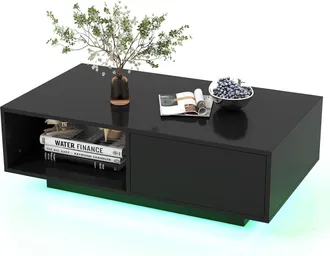 Costway Mesa De Centro Con 20 Colores De Luces Led, Mesa Moderna Rectangular Con Control Remoto, Mesa Inteligente De C&oacute;ctel Con Caj&oacute;n Y Estante Abierto, Mesa 