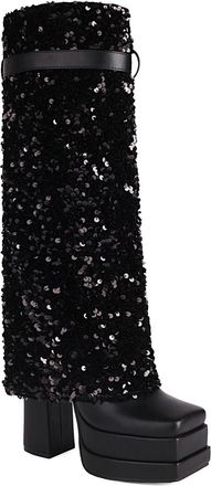 Generic Womens Block Heel Platform Long Boots Square Toe Glitter Party Prom Shoes PU Leather Knee High Boots with Buckle,Black1,2.5 UK