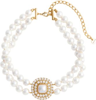 Self Portrait Gold White Gold Crystal Pearl Choker Pearl Brass Necklace