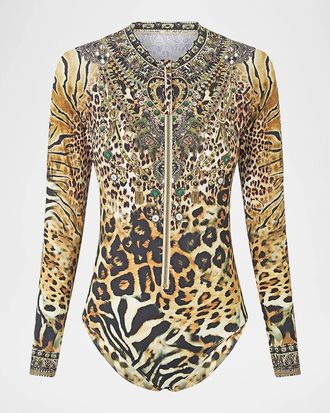 Camilla Leotigra Printed Zip-Front Rashguard Swimsuit