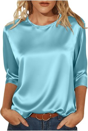 Generic Satin Tops for Women Elegant Going out Tops Crew Neck 3/4 Sleeve Silk Blouse Ladies Tshirts Shiny Baggy Fashion Tunic Top Casaul Loose Party Business 