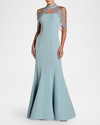 Mac Duggal Beaded Capelet Crepe Mermaid Gown