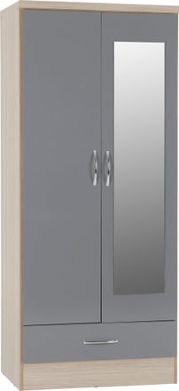 Seconique NEVADA MIRRORED 2 DOOR WARDROBE - GREY GLOSS/LIGHT OAK EFFECT VENEER - SECONIQUE | TJ Hughes