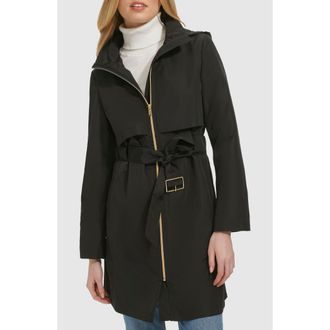 Cole Haan Belted Travel Packable Hooded Rain Jacket in Black at Nordstrom Rack, Size X-Small