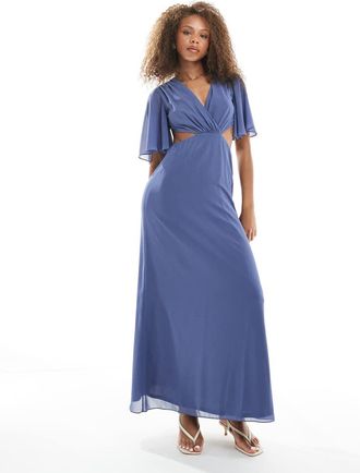 Tfnc Vestito lungo da cerimonia con maniche scampanate e cut-out azzurro crepuscolare con fiocco sul retro-Blu