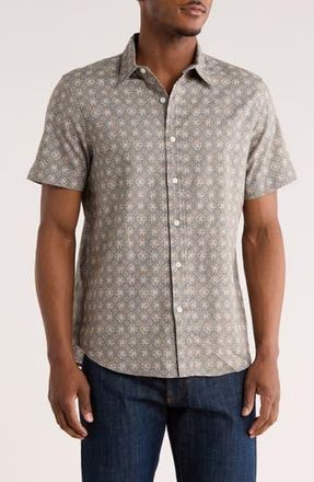 14th & Union Medallion Short Sleeve Linen & Cotton Button-Up Shirt in Grey Medallion at Nordstrom Rack, Size Xx-Large