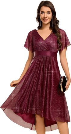 Ever-pretty Womens Midi Wedding Guest Dress with V Neck and Short Ruffles Sleeve Pleated Design Diamond Fine Flash Evening Dress Burgundy Red 16UK