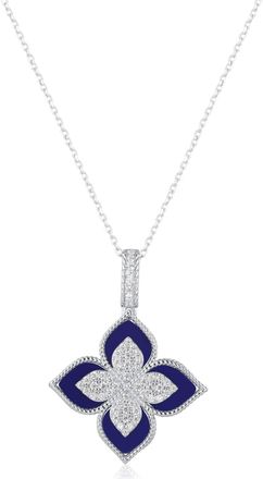 Suzy Levian Sterling Silver Black Enamel White Cubic Zirconia Pave Flower Clover Pendant