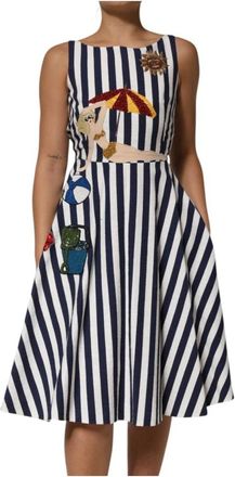Dolce & Gabbana Blauw Wit Gestreepte Geborduurde A-lijn Jurk - Dames - Casual kleedjes - Veelkleurig - XS - Katoen - Kleedjes