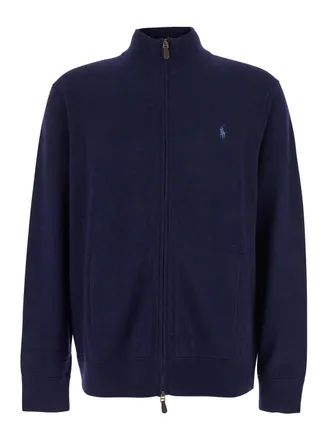 Ralph Lauren Blue Cardigan With High Neck And Pony Embroidery On The Front In Wool Man