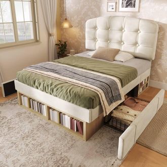 Matteo Velvet Single Bed - Adjustable Headboard, Storage Drawers - Beige