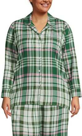Lands End Long Sleeve Print Flannel Pajama Top in Light Emerald/pink Plaid at Nordstrom, Size 1X