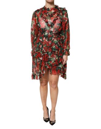 Dolce & Gabbana Womens Multicolor Ruffle Floral Long Sleeves Dress Silk