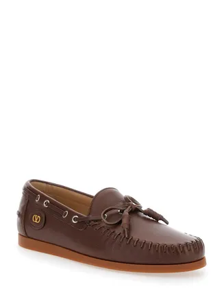 Valentino Garavani Mens Brown Leather Loafers With Vlogo Patch Buffalo