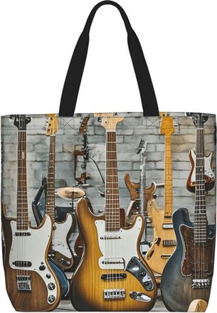 Generic Guitar Bass Music Musical Instrument Tote Bag Durable Carry Bag Foldable Shopping Bags For Daily Use College Beach