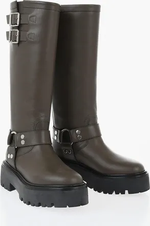 Celine Stivali Biker in Pelle con Doppia Fibbia Argentata e Suola Chunky 5cm Celine