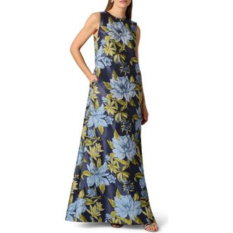 Aidan Mattox Floral Jacquard Trapeze Gown in Blue Multi at Nordstrom, Size 12