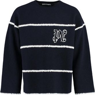 Palm Angels Gebreide Pullover van Wolmix - Heren - Ronde hals truien - Blauw - S - Wol - Truien & Vesten