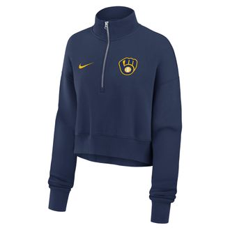 Nike Milwaukee Brewers Phoenix Nike Womens MLB Cropped 1/4-Zip Crew in Blue | 01N944BMZB-LMW
