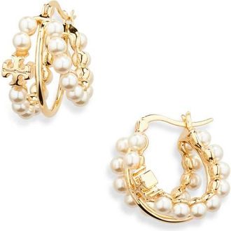 Tory Burch Kira Faux Pearl Triple Row Hoop Earrings in Tory Gold/pearl at Nordstrom