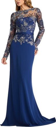 Tadashi Shoji Floral Lace Embroidery Long Sleeve Gown in Midnight at Nordstrom, Size 10