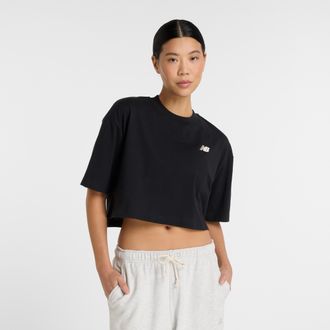 New Balance T-Shirt NEW BALANCE Reimagined Oversized Waist T-Shirt, Damen, Gr. XXL, schwarz (schwarz (001)), Obermaterial: 84% Polyester, 16% Elasthan, Shirts T-S