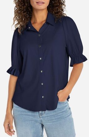 Liverpool L.A. Puff Sleeve Knit Snap-Up Shirt in Navy Ink at Nordstrom, Size X-Large P