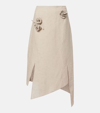 Coperni Floral-applique asymmetric linen midi skirt