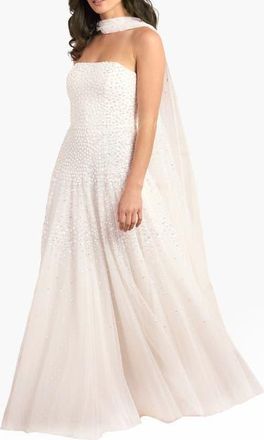 Needle & Thread Sunrise Sequin Strapless Cape Gown in Swan White at Nordstrom, Size 12