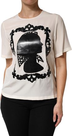 Dolce & Gabbana Womens Cream Silk Silhouette Detail Short Sleeve Top
