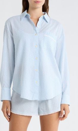 Open Edit Eyelet Trim Seersucker Cotton Pajama Top in White- Blue Hickory Stripe at Nordstrom, Size X-Large