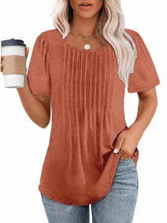 Generic Womens Summer Tops Casual Dressy Soft Short Sleeve Tunic Front Pleated Spring Crew Neck Tees T-Shirts Loose Blouse for Ladies Wine