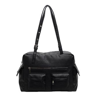 Generic Women PU Leather Shoulder Bag with Multi-Pockets Underarm Bag Adjustable Strap Handbag Solid Tote Bag for Work Travel (Black)