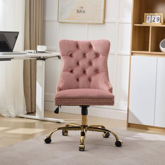 STILVORA Silla De Oficina En Casa, Silla De Oficina Moderna Tapizada En Terciopelo Con Botones Y Base De Metal Dorado, Silla De Escritorio Ajustable Giratoria 