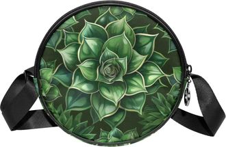 Generic Circle Crossbody Bag for Women, Succulent Cactus Seamless Small Sling Bag Daypack with Zipper Adjustable Shoulder Straps Casual Ladies Girls Round Pur