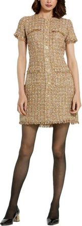 Mac Duggal Boucle Short Sleeve Button Down Mini Dress With Pockets in Latte Multi at Nordstrom, Size Large