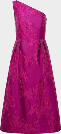 Kay Unger Dorrit One-Shoulder Tea-Length Jacquard Dress