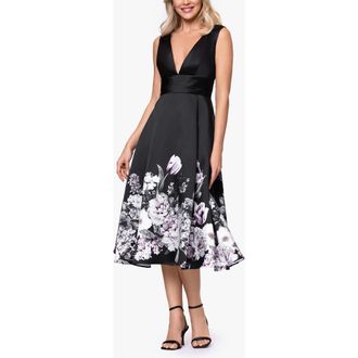 Betsy & Adam Floral Border Plunge Neck Cocktail Midi Dress in Black/Charcoal at Nordstrom, Size 10