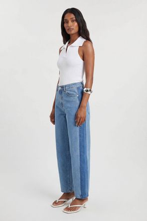 Karen Millen Womens Petite Denim Panelled Barrel Leg Jean - Blue Cotton - Size 12 UK