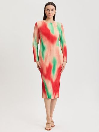 Misook Micro Pleated Print Crepe Midi Dress in Cherry Ember/peach/green at Nordstrom, Size Xx-Large