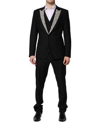 Dolce & Gabbana Mens Black Martini Crystal Embellished 3 Pc Suit Virgin Wool Polyester Silk