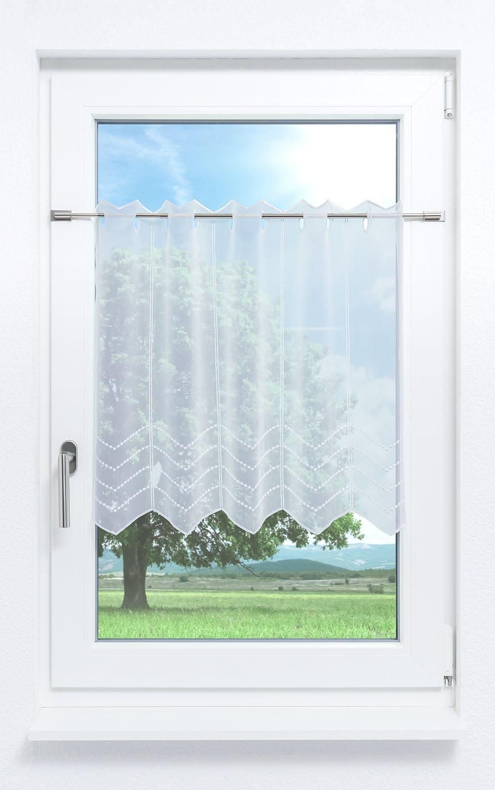 Plauener Spitze Scheibengardine Blumenspitze #1W – 73,5x32 Cm, 100% Polyester, Transparent, Für Stangen, Waschbar Bei 40°C